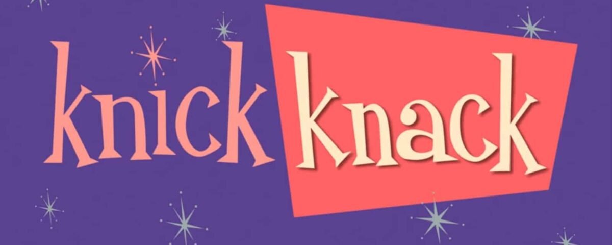 Le texte « bibelot » en police rose stylisée sur fond violet avec des étoiles blanches décoratives autour.