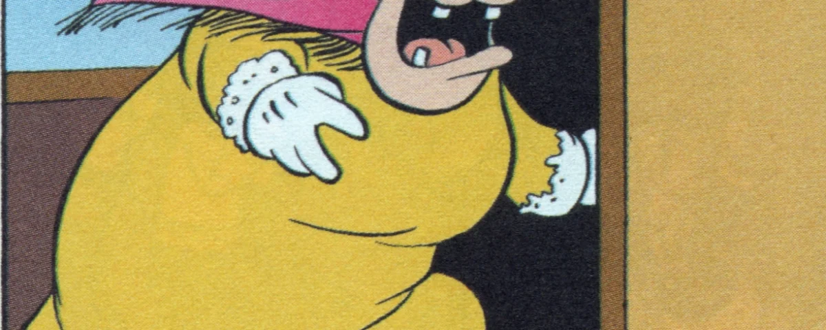 Une illustration de Mammy Two Shoes, un personnage de Tom et Jerry, regardant derrière une porte, l'air surpris. Elle porte une robe jaune, des gants blancs et un chapeau rose avec