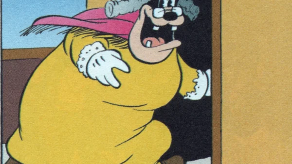 Une illustration de Mammy Two Shoes, un personnage de Tom et Jerry, regardant derrière une porte, l'air surpris. Elle porte une robe jaune, des gants blancs et un chapeau rose avec
