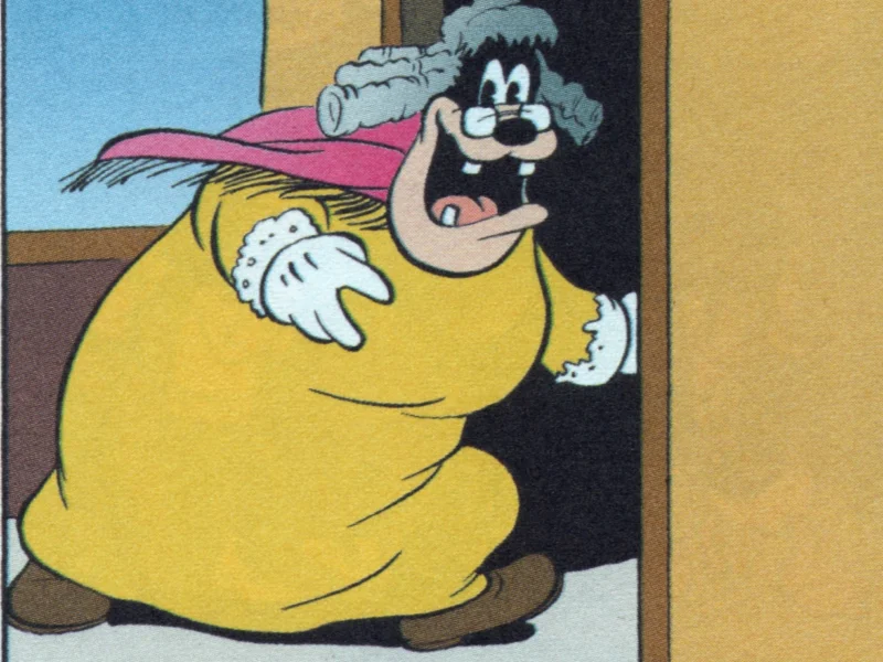 Une illustration de Mammy Two Shoes, un personnage de Tom et Jerry, regardant derrière une porte, l'air surpris. Elle porte une robe jaune, des gants blancs et un chapeau rose avec