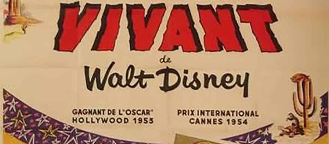 Affiche française vintage pour "Désert Vivant" de Walt Disney, avec un texte rouge en gras, des images d'un lézard et d'oiseaux et des illustrations décoratives de cactus. Il met en lumière l'Oscar remporté par le film et