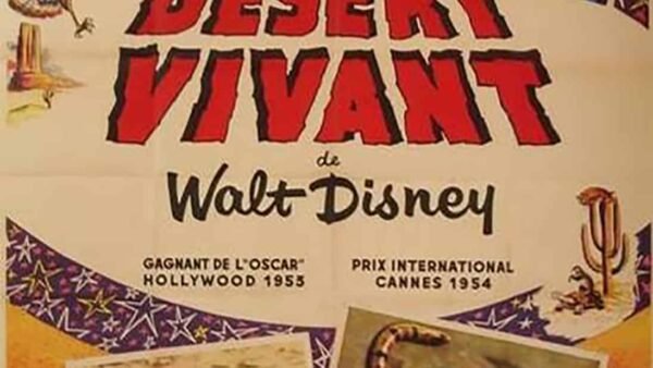 Affiche française vintage pour "Désert Vivant" de Walt Disney, avec un texte rouge en gras, des images d'un lézard et d'oiseaux et des illustrations décoratives de cactus. Il met en lumière l'Oscar remporté par le film et