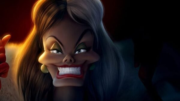 Illustration d'un méchant de dessin animé souriant avec une expression sinistre, avec des pommettes proéminentes, de grands yeux verts et des cheveux noirs et blancs contrastés ressemblant à Cruella.
