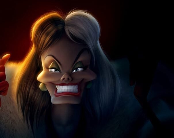 Illustration d'un méchant de dessin animé souriant avec une expression sinistre, avec des pommettes proéminentes, de grands yeux verts et des cheveux noirs et blancs contrastés ressemblant à Cruella.