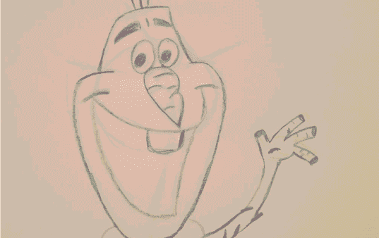 Croquis au crayon d'Olaf, le bonhomme de neige de Disney's Frozen, souriant et saluant, représenté avec de grands yeux, un nez de carotte et des bras en forme de bâton.