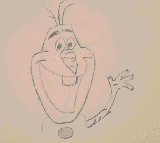 Croquis au crayon d'Olaf, le bonhomme de neige de Disney's Frozen, souriant et saluant, représenté avec de grands yeux, un nez de carotte et des bras en forme de bâton.