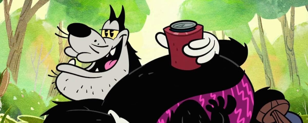 Image animée montrant un chat noir et blanc souriant portant des lunettes de soleil, se prélassant dans une chambre à air rose et noire sur une rivière avec une canette dans sa patte. Verdure luxuriante en arrière-plan. Ce