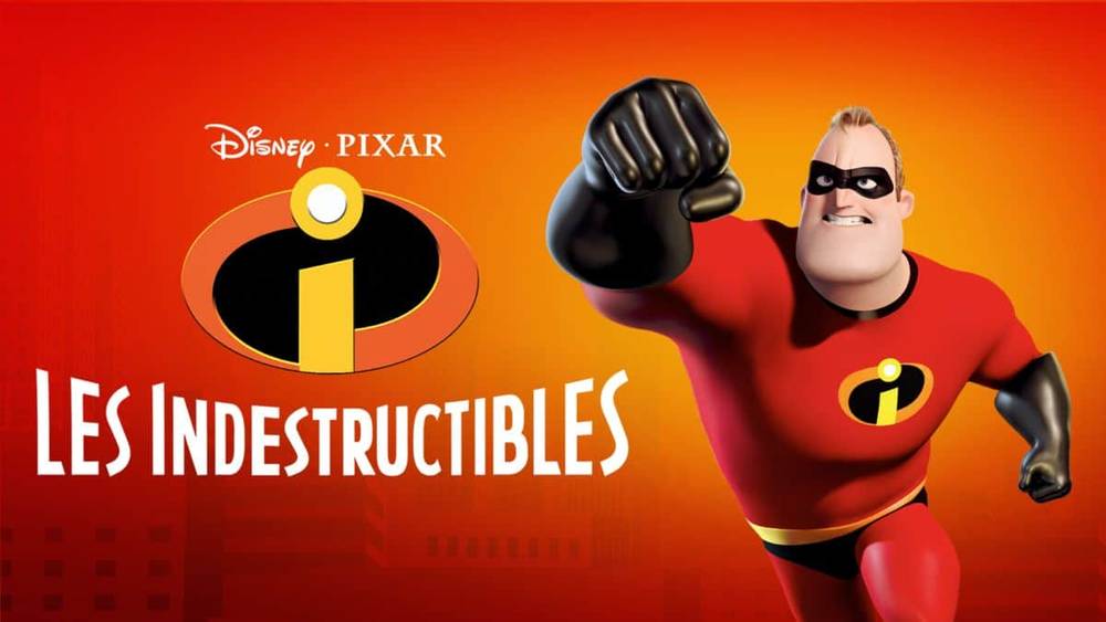 Image promotionnelle pour "Les Indestructibles" mettant en vedette M. Indestructible dans son costume de super-héros, posant avec un poing en avant, sur un fond orange vif avec le logo du film en français.