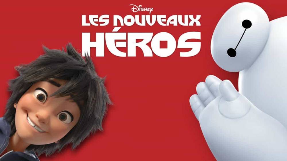 Affiche promotionnelle pour "Les Nouveaux Héros" de Disney représentant un jeune garçon souriant aux cheveux ébouriffés et son grand compagnon robot blanc gonflé sur fond rouge