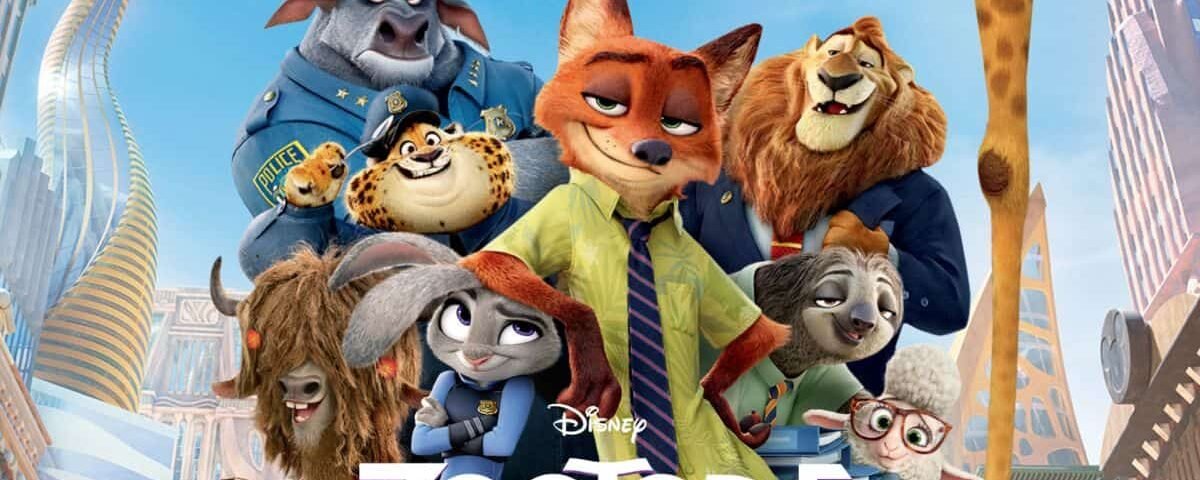 Image promotionnelle pour "Zootopie" de Disney mettant en vedette des personnages animaux animés, dont un renard et un lapin au centre, entourés d'autres personnages animaux comme un lion, un buffle et un mouton.