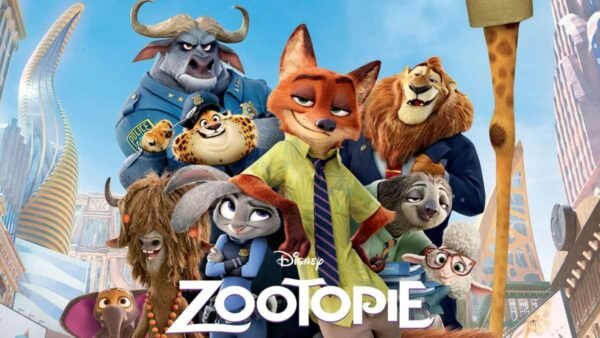 Image promotionnelle pour "Zootopie" de Disney mettant en vedette des personnages animaux animés, dont un renard et un lapin au centre, entourés d'autres personnages animaux comme un lion, un buffle et un mouton.