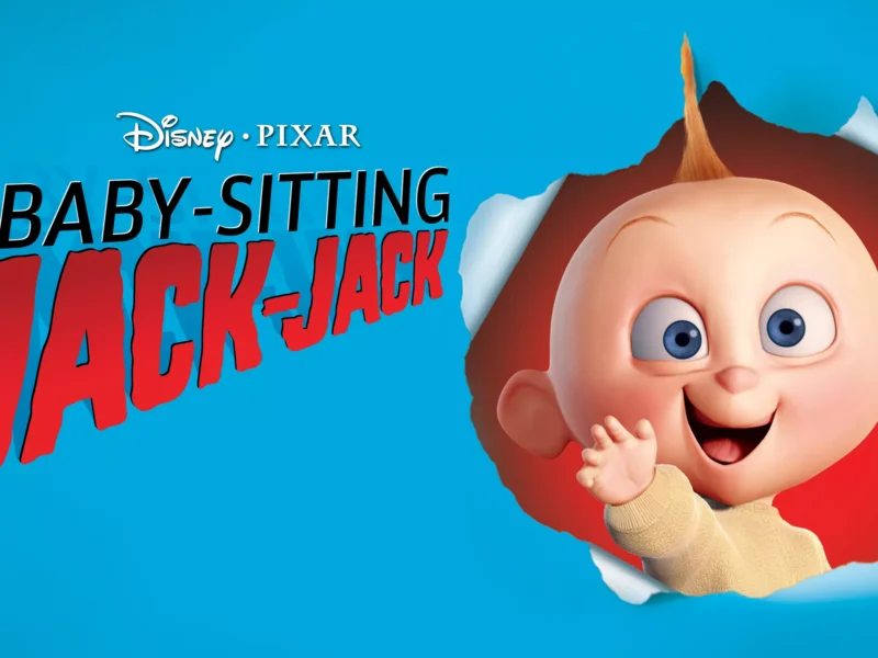 Image promotionnelle représentant le bébé Jack-Jack du film "Les Indestructibles" de Pixar, souriant et tendant la main, avec le texte rouge en gras "Jack-Jack baby-sitting" à côté de lui sur un fond bleu