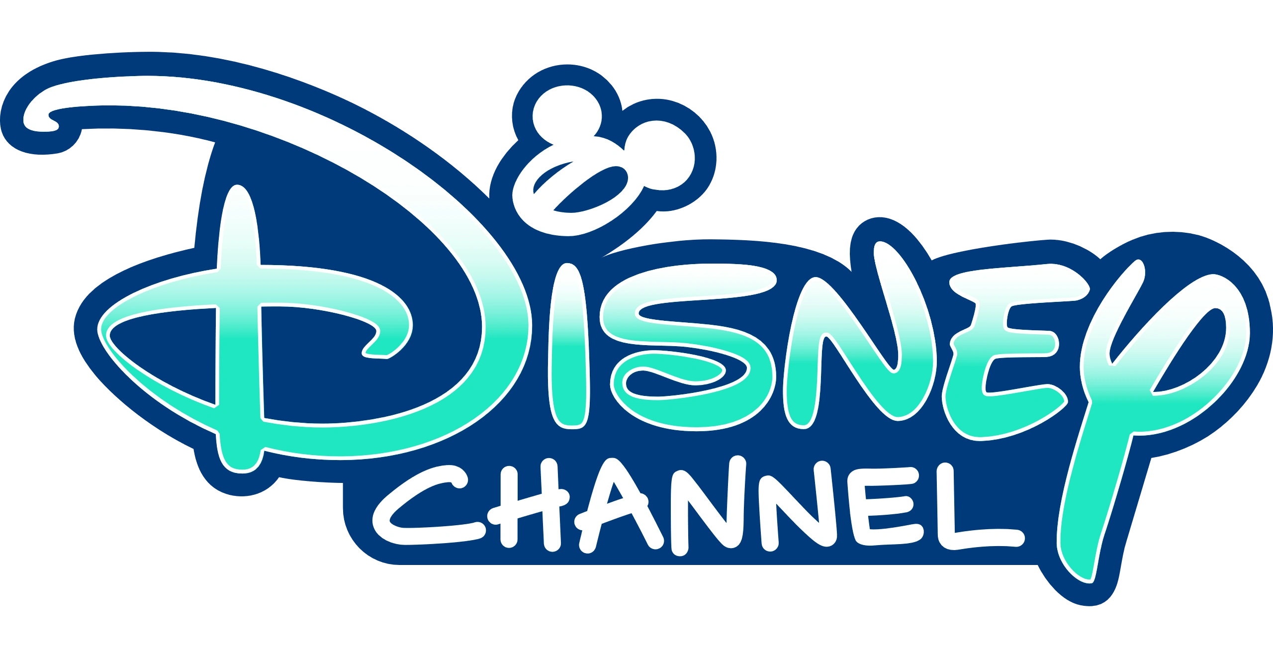 Le logo Disney Channel Europe, avec un texte stylisé et coloré avec « disney » en bleu avec une silhouette classique de Mickey Mouse parsemant le « i » et « channel » en vert, le tout sur
