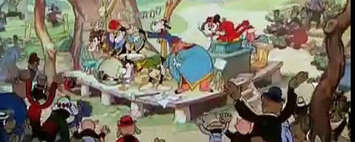 Une scène animée montrant une foire en plein air animée avec divers personnages animaux anthropomorphes se livrant à des activités telles que vendre de la nourriture, jouer de la musique en fanfare et profiter de manèges sous des tentes colorées.