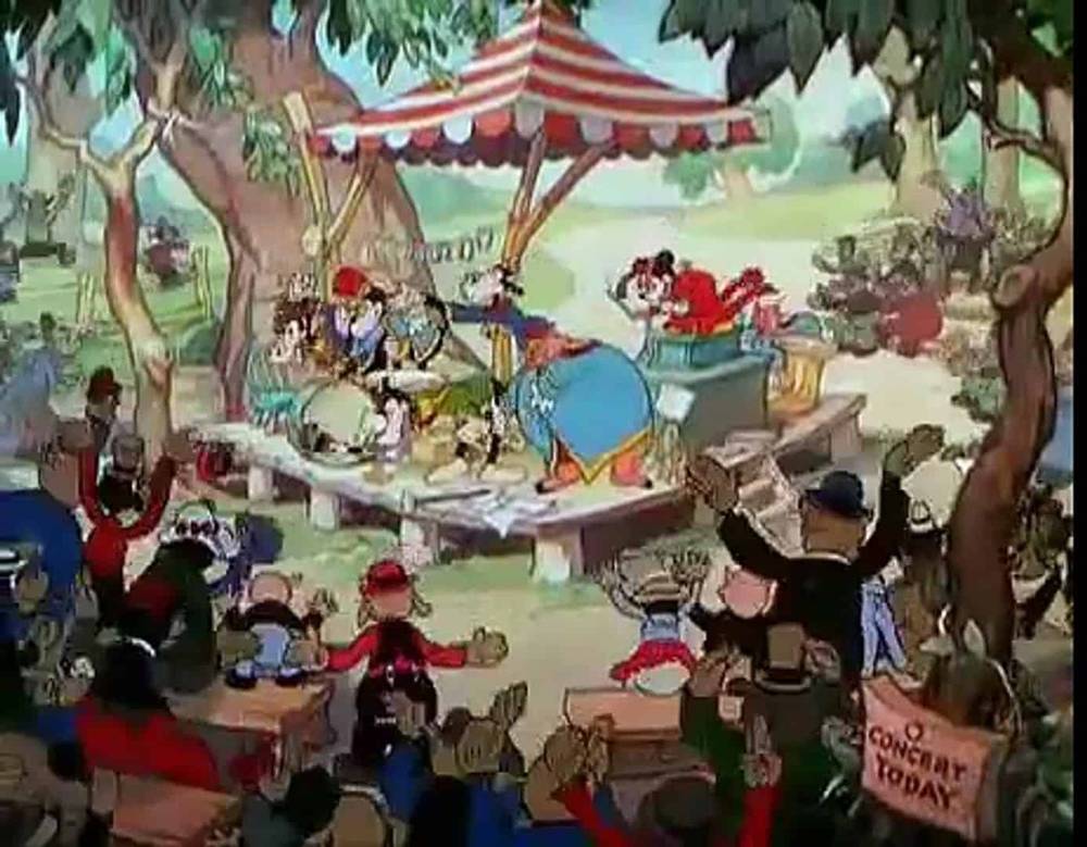 Une scène animée montrant une foire en plein air animée avec divers personnages animaux anthropomorphes se livrant à des activités telles que vendre de la nourriture, jouer de la musique en fanfare et profiter de manèges sous des tentes colorées.