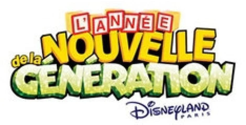 Logo coloré indiquant « l'année de la nouvelle génération Disney » en texte stylisé, avec des couleurs vives rouge, jaune et vert.