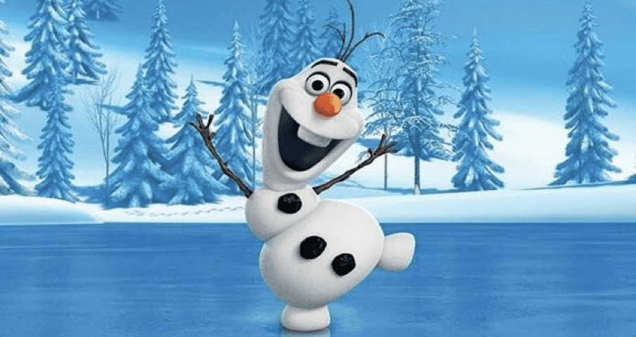 Olaf, le sympathique bonhomme de neige de Disney's Frozen, saluant joyeusement avec en toile de fond des arbres enneigés et un ciel bleu clair.