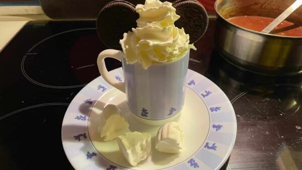 Un chocolat chaud fantaisiste garni de crème fouettée et d'un biscuit Oreo en forme de Mickey, servi sur une assiette avec des guimauves, accompagné d'un pot de chocolat chaud en fond.