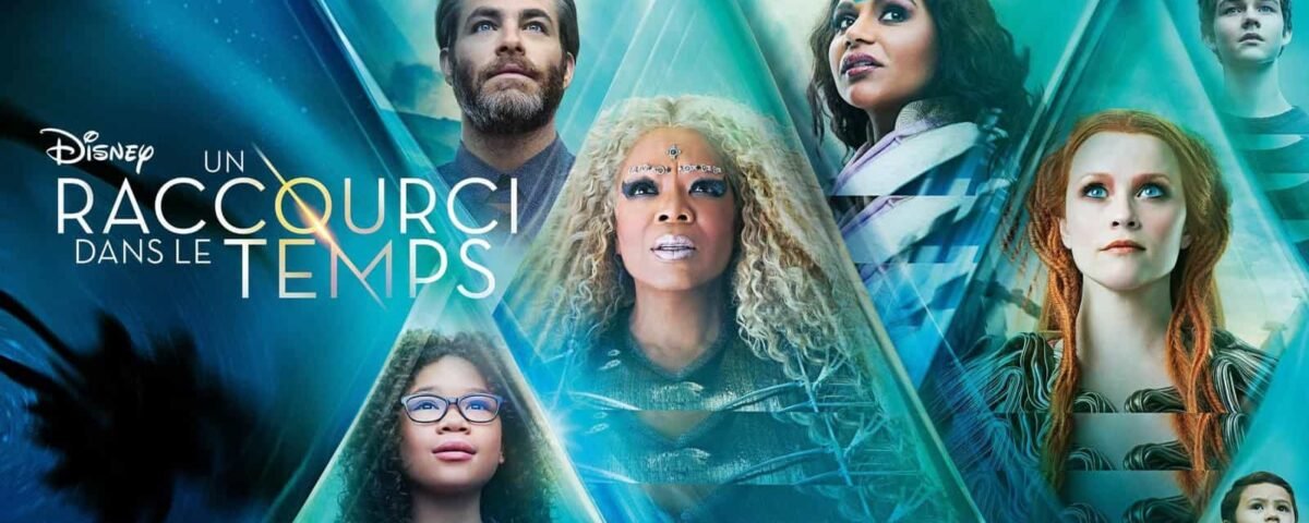 Affiche promotionnelle pour "A Wrinkle in Time" de Disney présentant un collage des personnages principaux avec des effets de lumière dynamiques célestes et éclaboussants en arrière-plan.