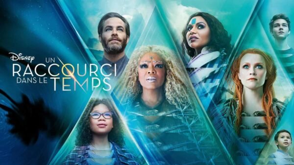 Affiche promotionnelle pour "A Wrinkle in Time" de Disney présentant un collage des personnages principaux avec des effets de lumière dynamiques célestes et éclaboussants en arrière-plan.