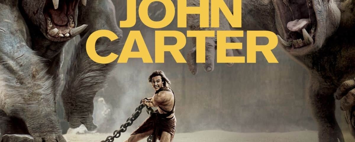 Image promotionnelle pour "John Carter" montrant le personnage principal, interprété par Taylor Kitsch, dans une pose dynamique, tenant des chaînes avec deux grandes créatures extraterrestres féroces en arrière-plan.