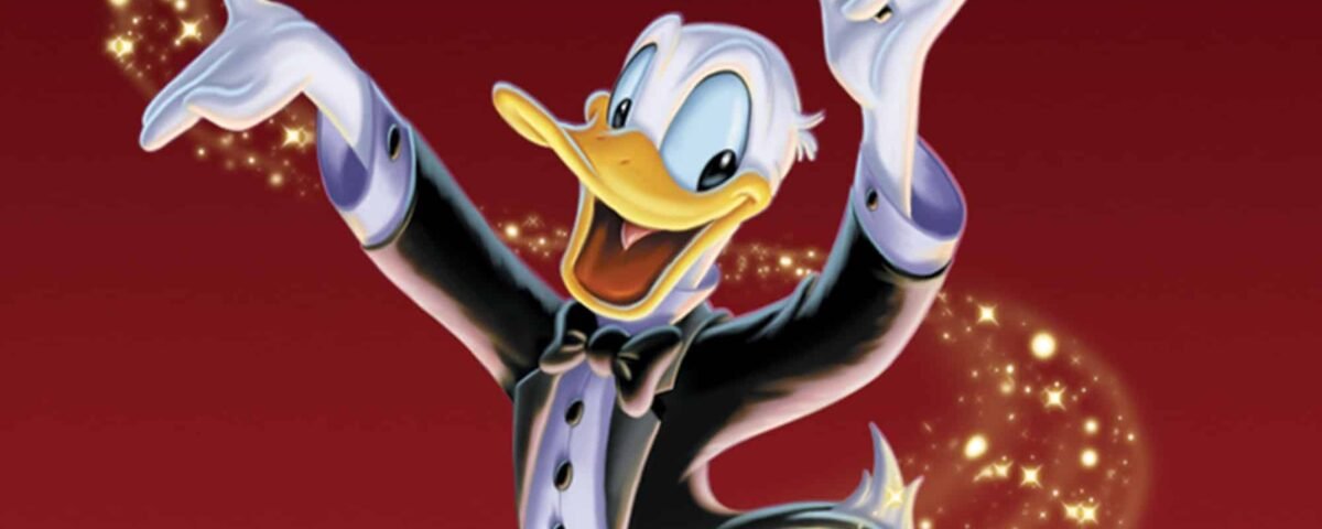 Image promotionnelle du "Melody Cocktail" de Disney mettant en vedette Donald Duck dans une tenue de magicien, tenant une baguette avec une traînée d'étoiles, sur un fond rouge foncé.
