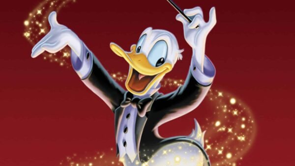 Image promotionnelle du "Melody Cocktail" de Disney mettant en vedette Donald Duck dans une tenue de magicien, tenant une baguette avec une traînée d'étoiles, sur un fond rouge foncé.