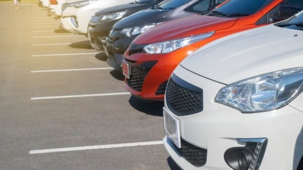 Une rangée de voitures de différentes couleurs garées soigneusement dans un parking alternatif ensoleillé de Disneyland, présentant leurs extrémités avant alignées le long de lignes peintes en blanc.