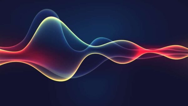 Forme d'onde numérique abstraite colorée avec des dégradés de bleu, rouge, vert et jaune se mélangeant doucement sur un fond sombre, représentant le flux et le mouvement car elle semble écouter le silence environnant.