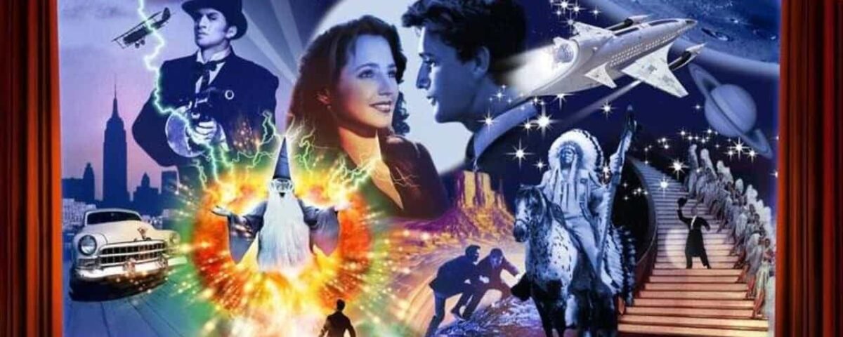 Un collage cinémagique vibrant représentant divers éléments cinématographiques comme des voitures classiques, des acteurs, un vaisseau spatial et un escalier menant à une scène céleste, le tout encadré par des rideaux de théâtre rouges.