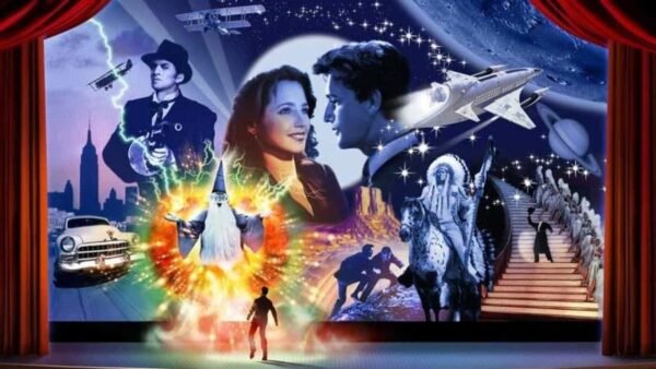 Un collage cinémagique vibrant représentant divers éléments cinématographiques comme des voitures classiques, des acteurs, un vaisseau spatial et un escalier menant à une scène céleste, le tout encadré par des rideaux de théâtre rouges.
