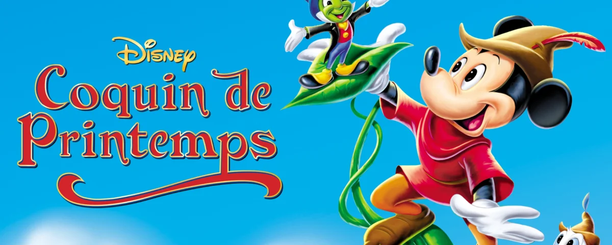 Image promotionnelle du « Coquin de Printemps » de Disney mettant en vedette Mickey Mouse, Jiminy Cricket et Donald Duck dans une scène colorée et animée sur fond de ciel bleu vif.