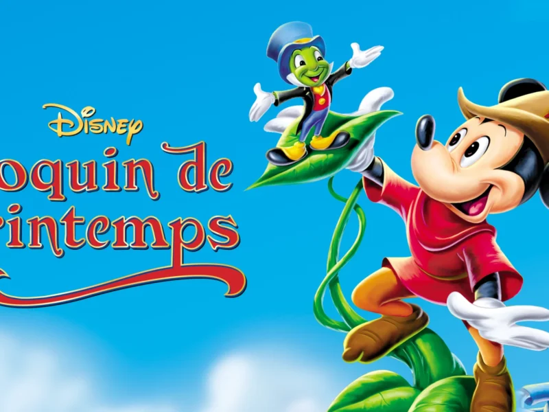 Image promotionnelle du « Coquin de Printemps » de Disney mettant en vedette Mickey Mouse, Jiminy Cricket et Donald Duck dans une scène colorée et animée sur fond de ciel bleu vif.