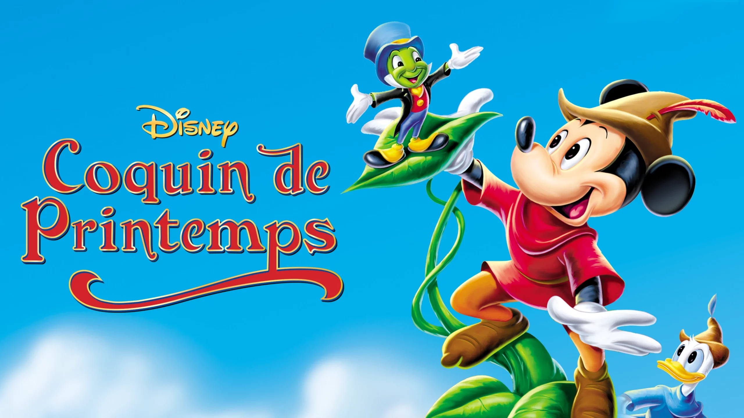 Image promotionnelle du « Coquin de Printemps » de Disney mettant en vedette Mickey Mouse, Jiminy Cricket et Donald Duck dans une scène colorée et animée sur fond de ciel bleu vif.