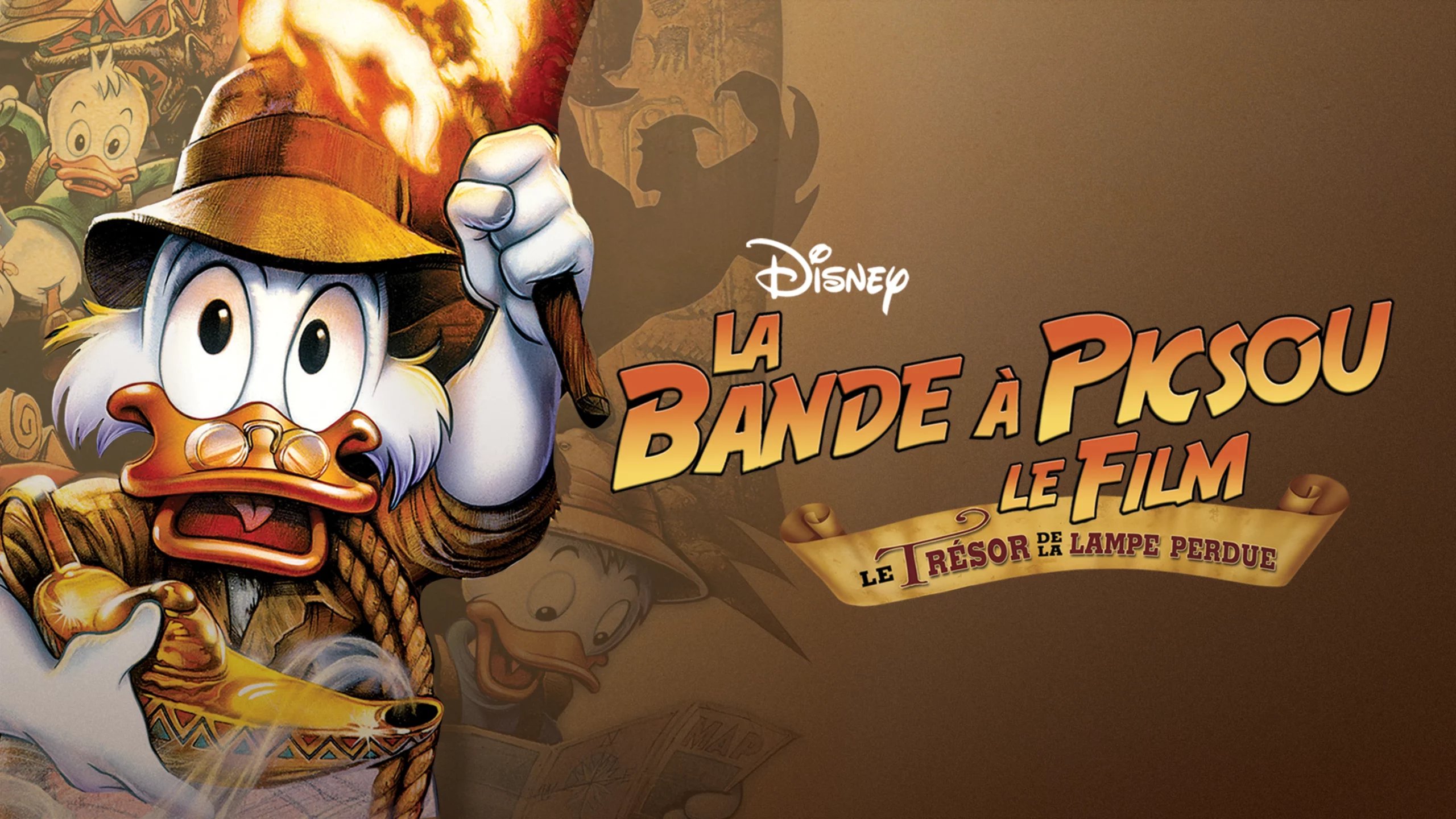 Image promotionnelle du film "La Bande à Picsou, le film : Le Trésor de la Lampe Perdue" mettant en scène le personnage de Disney Oncle Scrooge tenant une torche,