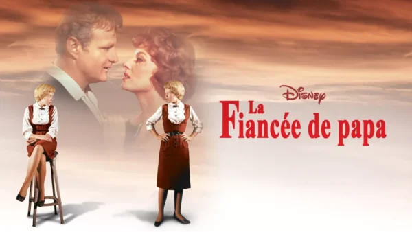 Image promotionnelle du film "La Fiancée de Papa" présentant deux scènes de montage : un gros plan romantique d'un couple et d'une dame en interaction avec un jeune garçon assis sur un