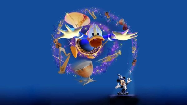 Un graphique animé d'Epic Mickey dirigeant un orchestre fantaisiste avec des instruments de musique flottants et de Donald Duck jouant de la trompette, le tout sur un fond bleu profond.