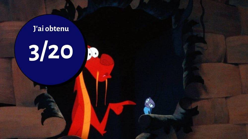 Scène animée avec un personnage rouge terrifié et un personnage bleu plus petit dans une caverne sombre et inquiétante. un cercle bleu avec le texte "j'ai obtenu 3/20" superpose l'image.