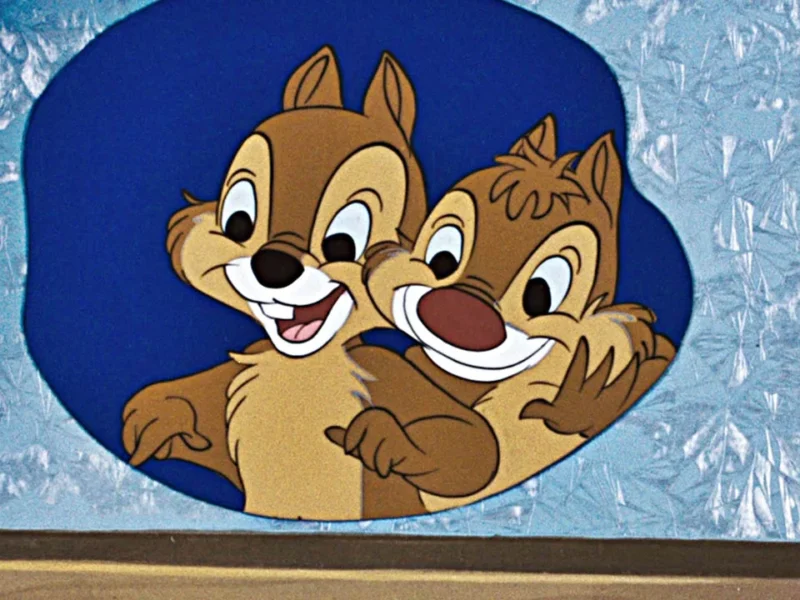 Image de dessin animé de Tic et Tac, deux tamias joyeux, s'embrassant avec de grands sourires, sur un fond ovale bleu avec un effet de verre dépoli.