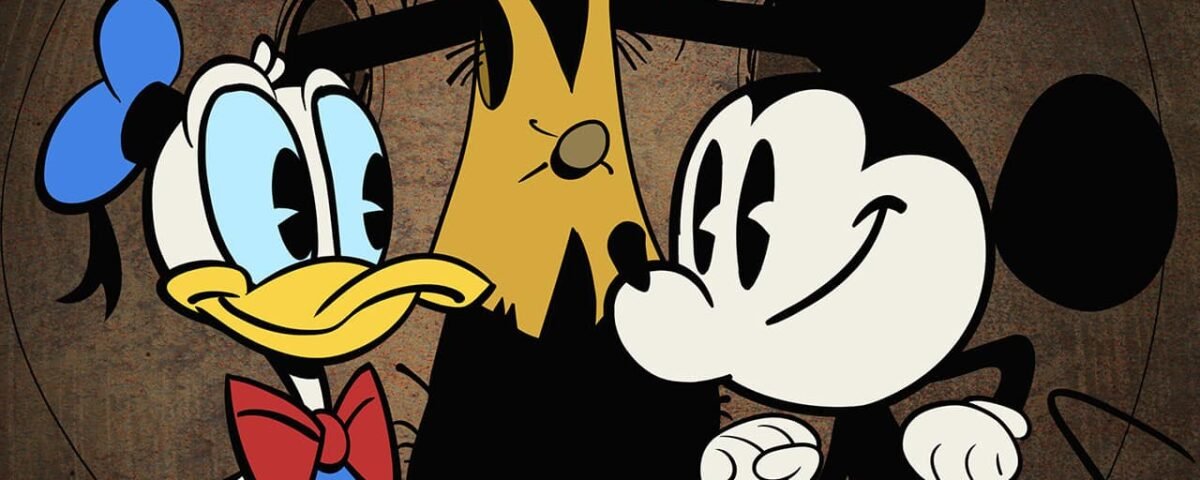 Illustration de personnages classiques de Disney : Donald Duck, Dingo et Mickey Mouse, souriant ensemble sur un fond texturé en bois.