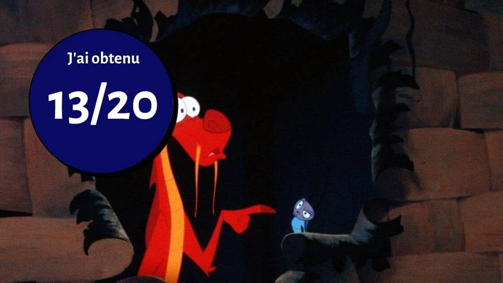 Image animée représentant une créature rouge et mince et une créature bleue plus petite dans une grotte de pierre sombre, avec un grand cercle bleu montrant le texte « j'ai obtenu 13/20 » en blanc.
