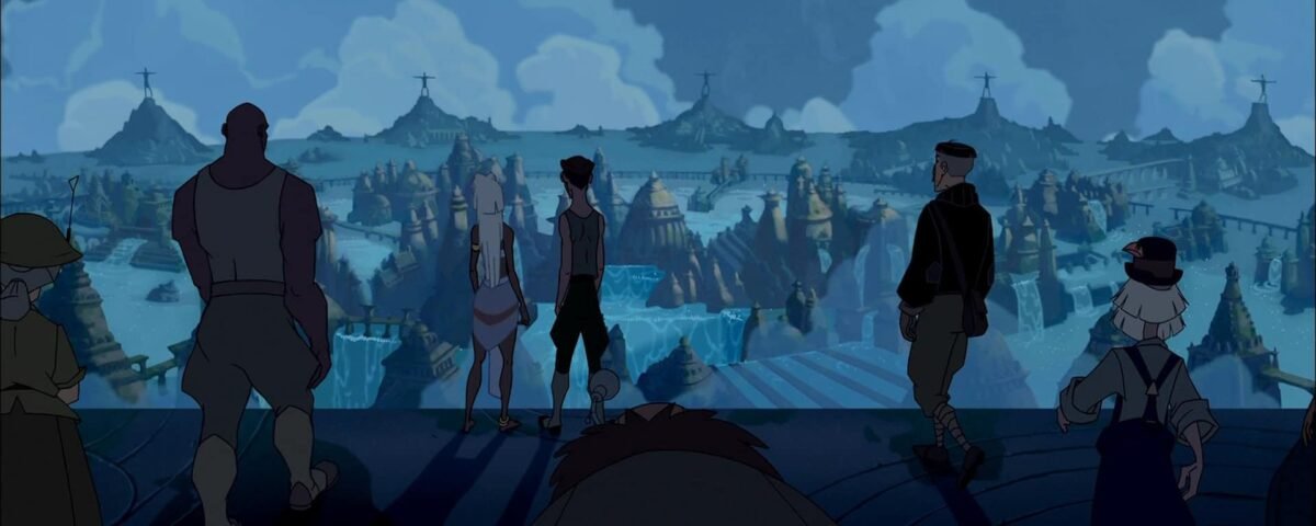 Scène animée représentant un groupe diversifié de personnes surplombant l'Atlantide l'empire perdu, avec de hautes flèches et une grande cascade, au crépuscule.