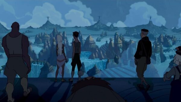 Scène animée représentant un groupe diversifié de personnes surplombant l'Atlantide l'empire perdu, avec de hautes flèches et une grande cascade, au crépuscule.