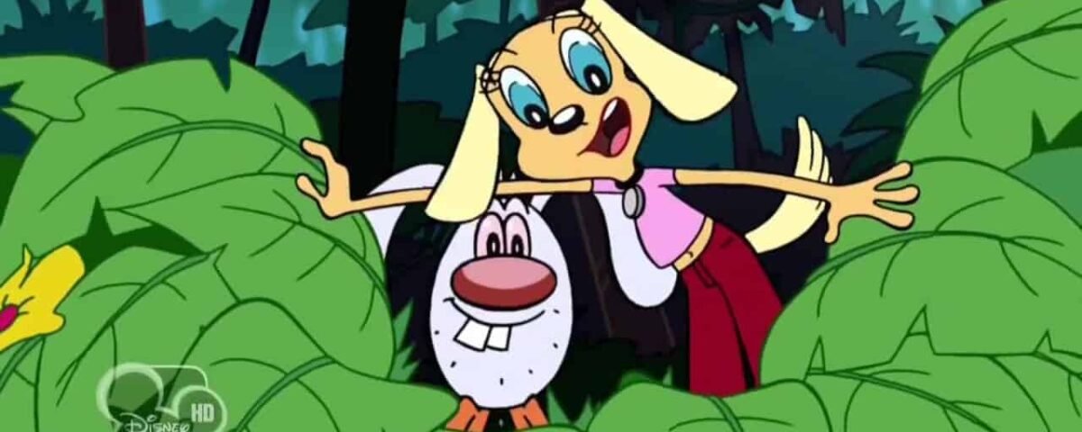 Une image animée représentant deux personnages de la série Disney Brandy et M. Whiskers : un chien joyeux aux oreilles blondes vêtu d'un gilet et d'une cravate, et un chien trapu avec un chapeau noir