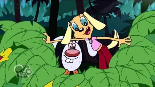 Une image animée représentant deux personnages de la série Disney Brandy et M. Whiskers : un chien joyeux aux oreilles blondes vêtu d'un gilet et d'une cravate, et un chien trapu avec un chapeau noir