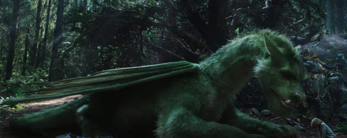 Un grand dragon vert à fourrure avec des ailes dorées repose sur le sol de la forêt, regardant attentivement une petite silhouette ressemblant à un humain qui se tient à proximité. Les bois environnants sont luxueux et ombragés.