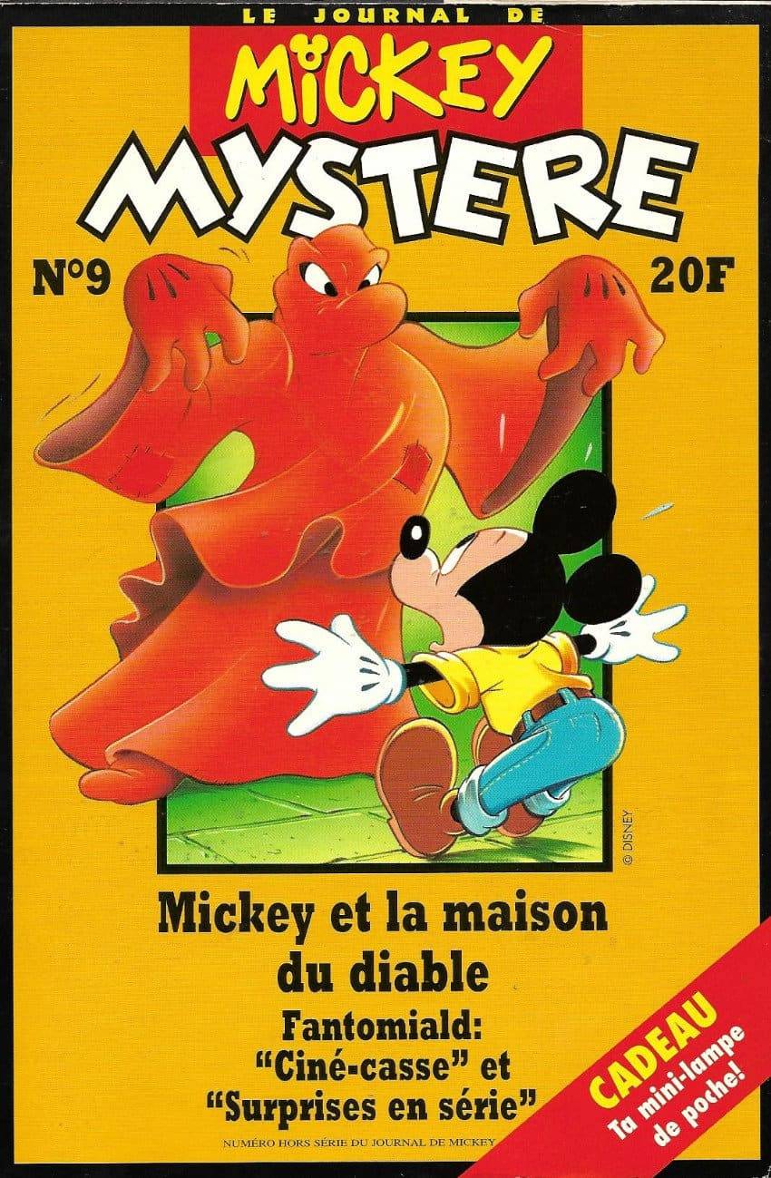 Couverture de "Mickey Mystère" mettant en vedette Mickey Mouse et un fantôme rouge, avec Mickey l'air effrayé. Fond jaune vif, numéro 9, au prix de 20F.