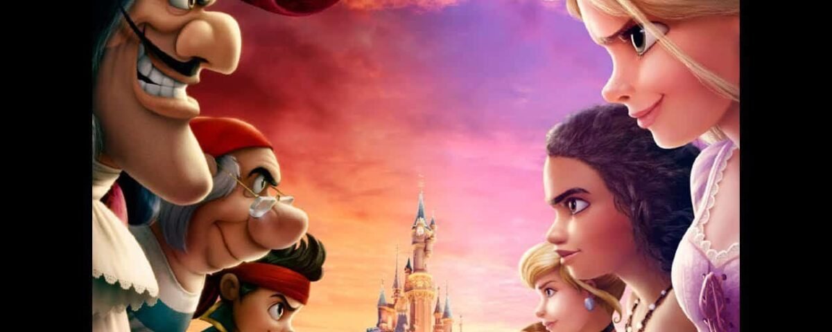 Une affiche de film d'animation mettant en scène deux groupes de personnages, des pirates et des princesses, face à face, avec un château de conte de fées en arrière-plan sous un ciel crépusculaire coloré.