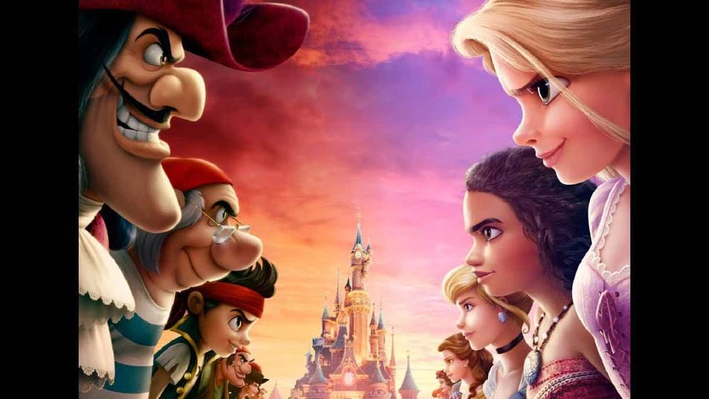 Une affiche de film d'animation mettant en scène deux groupes de personnages, des pirates et des princesses, face à face, avec un château de conte de fées en arrière-plan sous un ciel crépusculaire coloré.