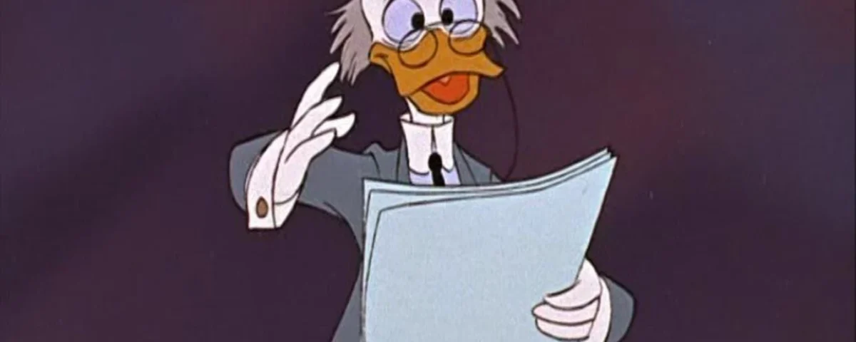 Un personnage animé ressemblant à Donald Duck, portant une blouse de laboratoire et des lunettes, lisant avec enthousiasme sur une grande feuille de papier.